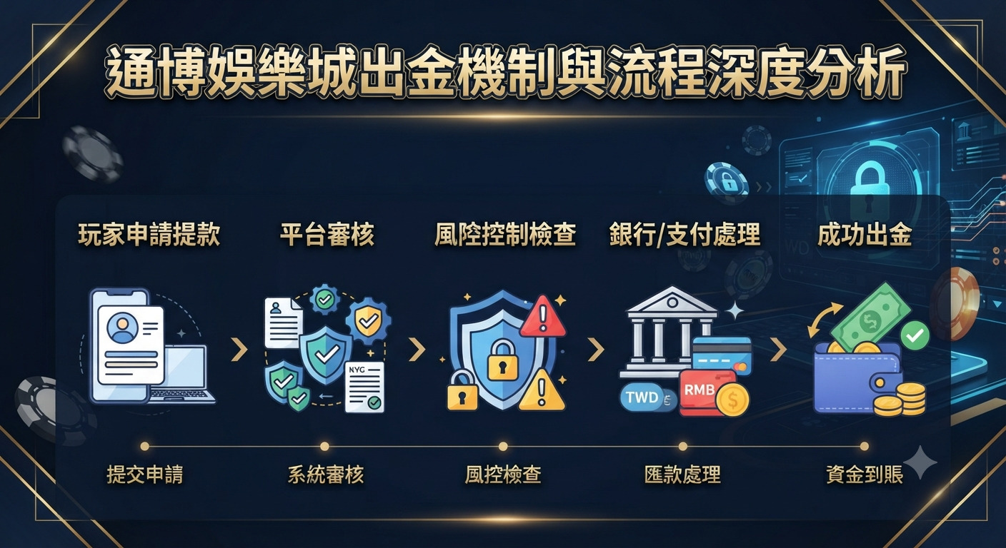 這是一張展示「通博娛樂城出金機制與流程深度分析」的資訊圖表,採用深藍色科技感背景。 圖中以清晰的流程圖呈現從玩家申請提款到最終資金到帳的五個關鍵步驟,風格專業且易於理解。