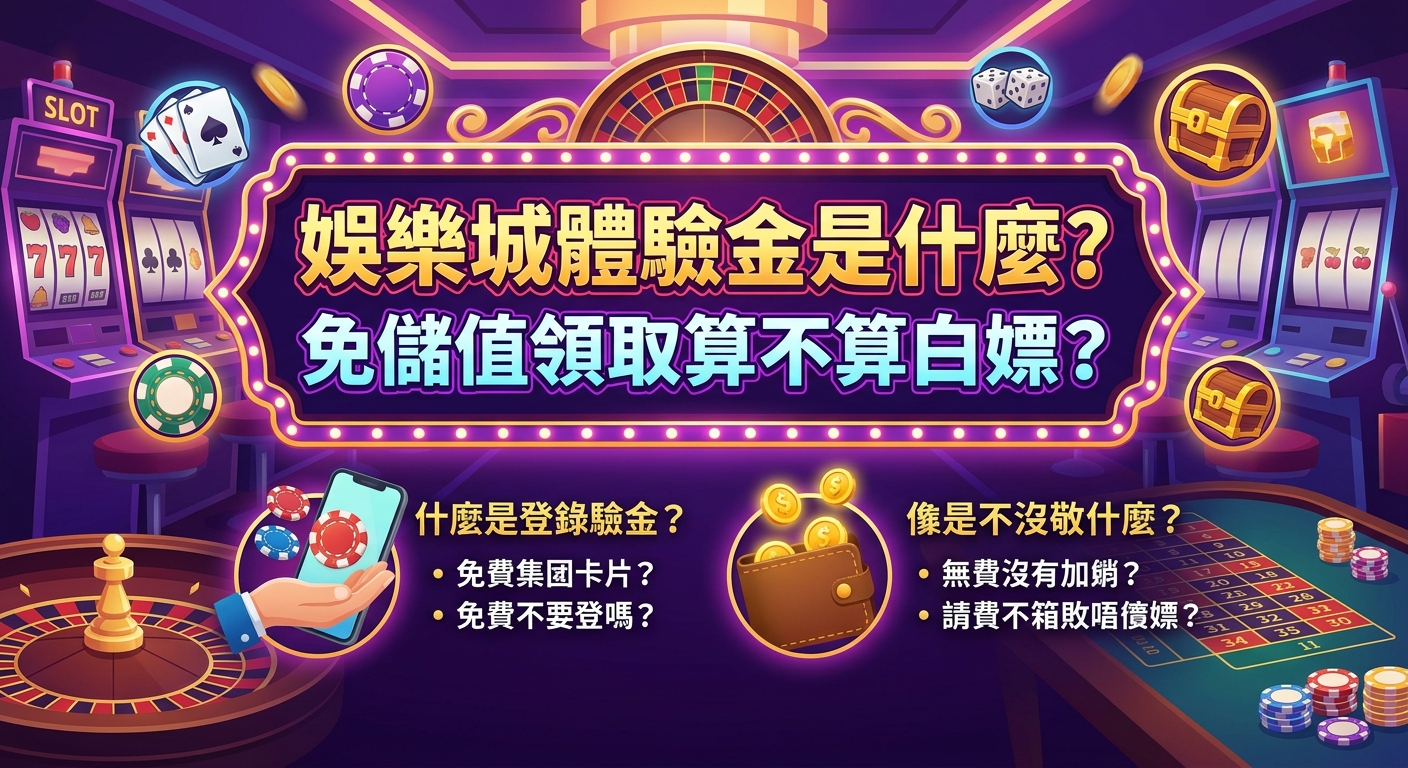 這張圖片以亮麗的紫金色系線上賭場為背景，上方中央醒目地展示著標題文字。 畫面下方結合了彩金錢包、籌碼與手機畫面等元素，呈現出豐富且具科技感的娛樂城氛圍。