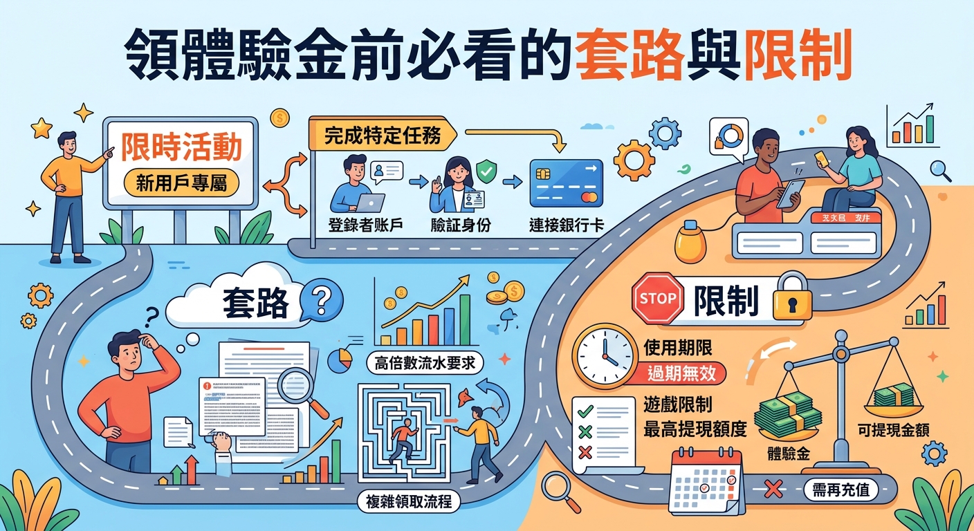 這張圖以清晰的向量插畫風格呈現，展示領取體驗金時常見的繁瑣流程、高流水要求與各類提現限制。 畫面中央印有醒目的繁體中文標題「領體驗金前必看的套路與限制」，幫助使用者快速識別潛在的隱藏規則。