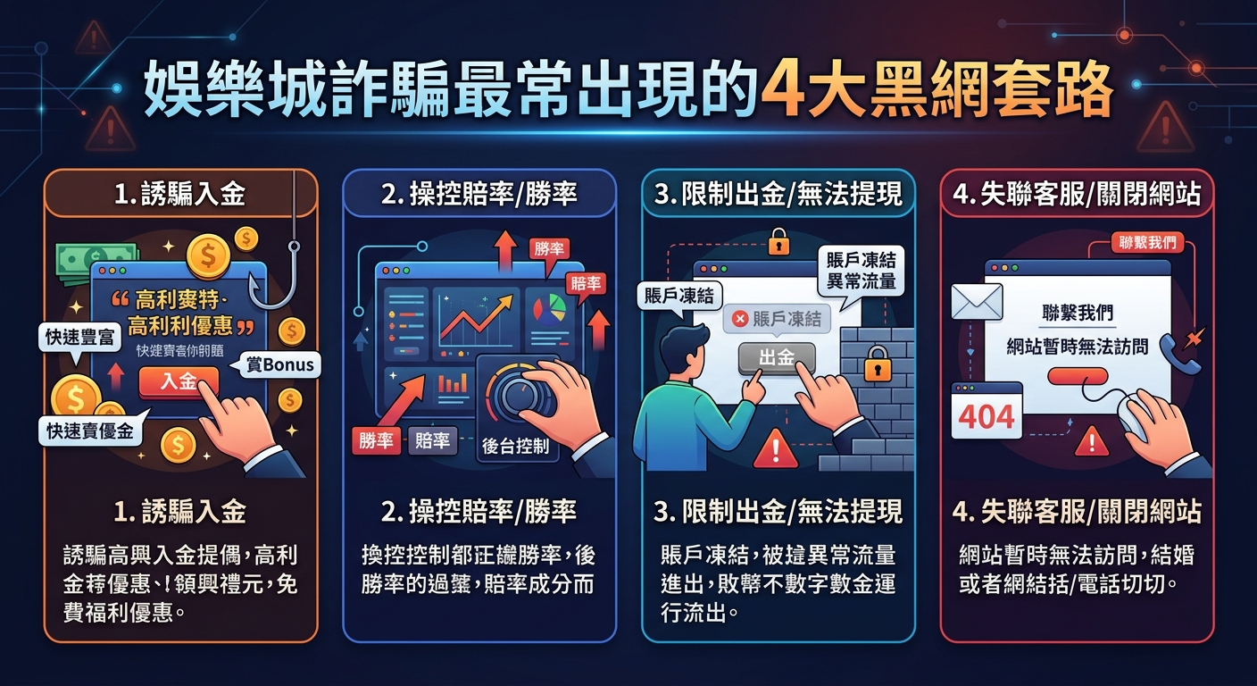 這張圖片是一份關於娛樂城詐騙的資訊圖表，主題為「娛樂城詐騙最常出現的4大黑網套路」。 內容分為四個區塊，透過圖示與說明詳細解析誘騙入金、操控勝率、限制出金及關閉網站等常見詐騙手法。