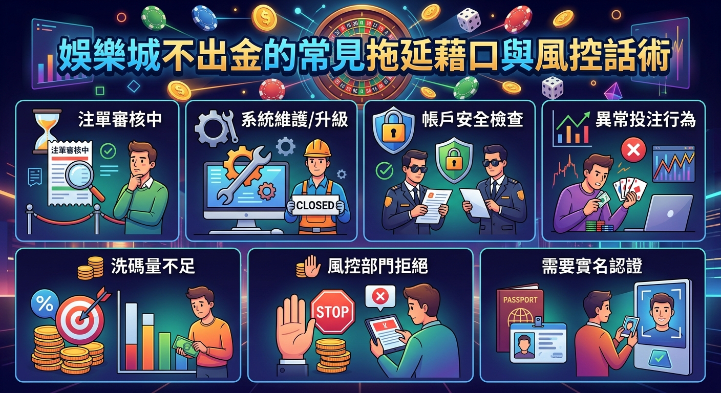 這張圖片採用動漫插畫風格，以暗色調和霓虹效果呈現線上娛樂城的警示主題，頂部帶有璀璨的賭場元素與繁體中文標題。 畫面分為七個區塊，運用流程圖與圖示生動展示各種常見的提款拖延藉口，如系統維護、審核中及風控拒絕等情境。